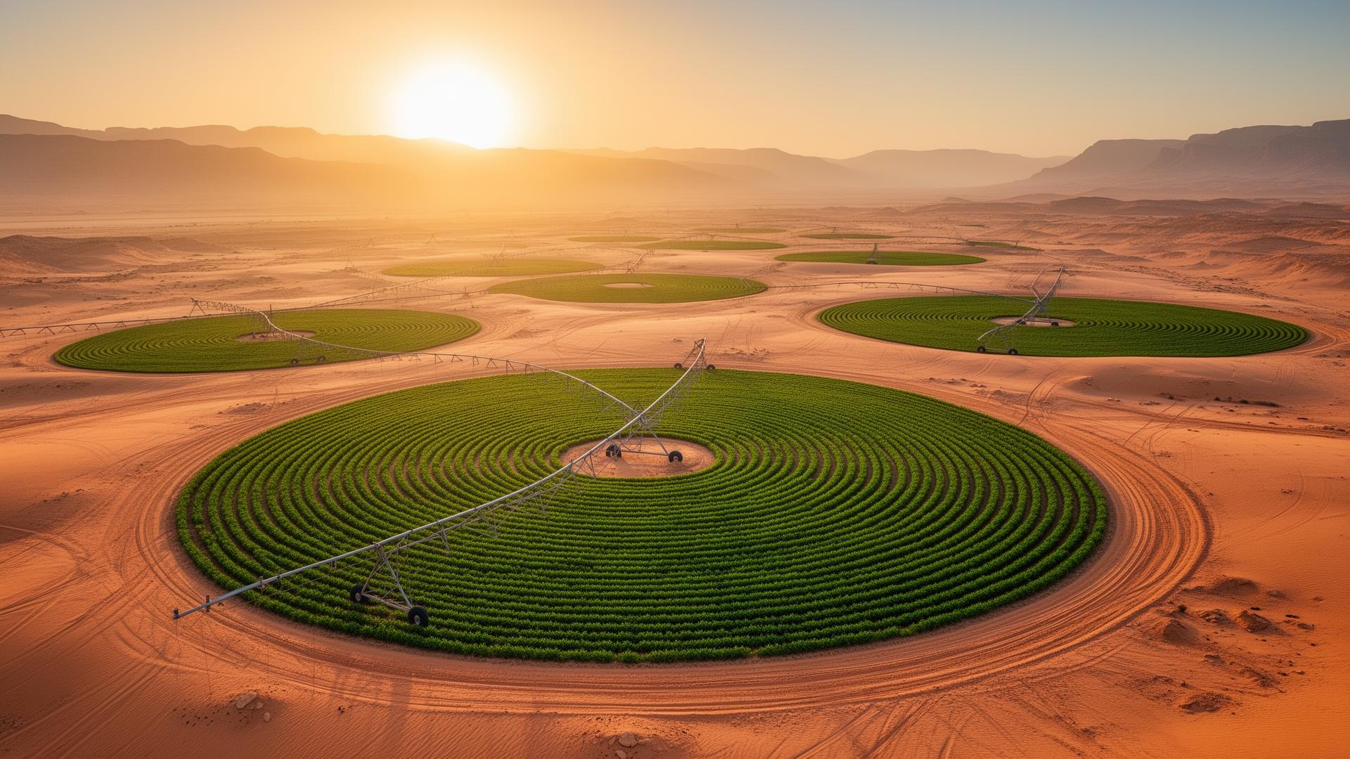 Aerial view of modern circular irrigation systems in Jordan
